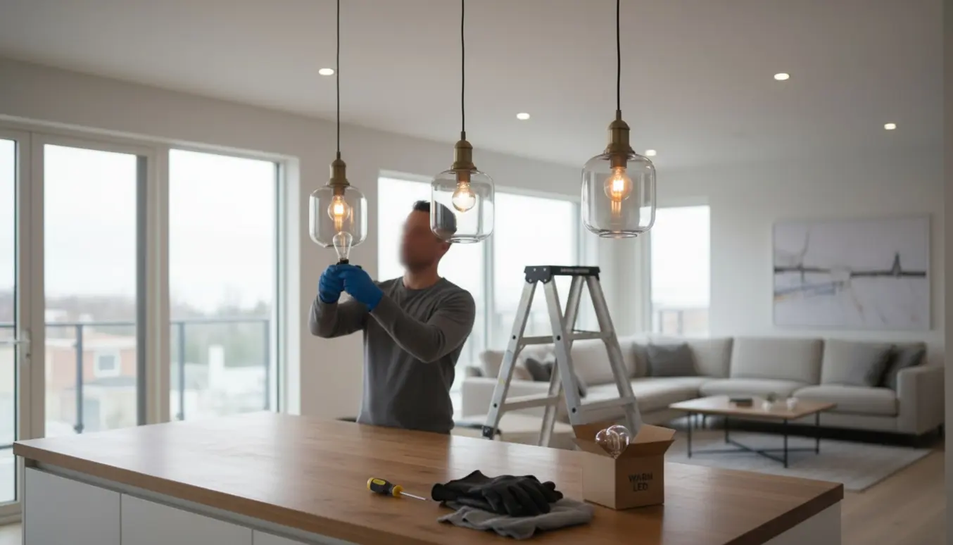 En person på en stige installerer en pære i et åbent køkken-alrum med en kasse LED-pærer i forgrunden.