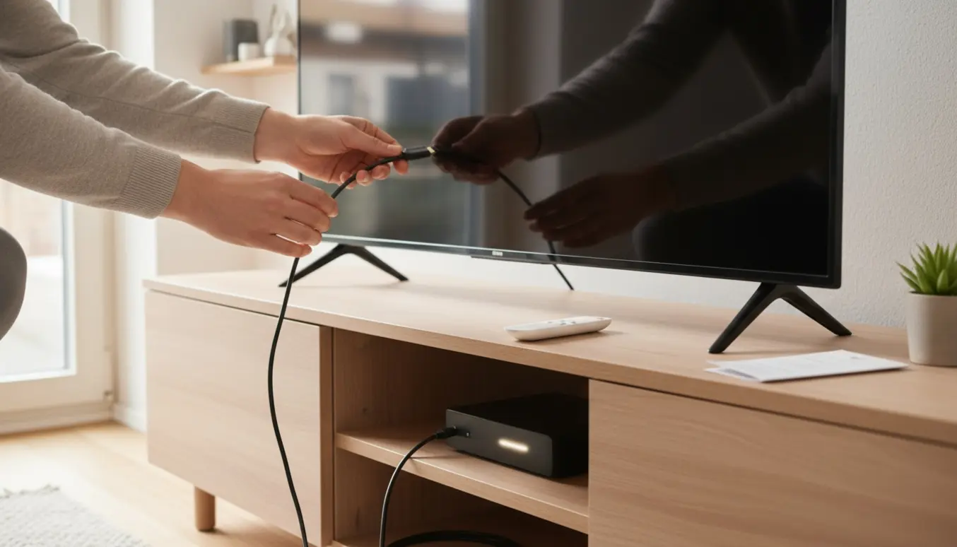 Hænder forbinder et nyt fladskærms-tv med en ubemærket set-top-boks ved hjælp af et HDMI-kabel på et ryddeligt mediekonsol.