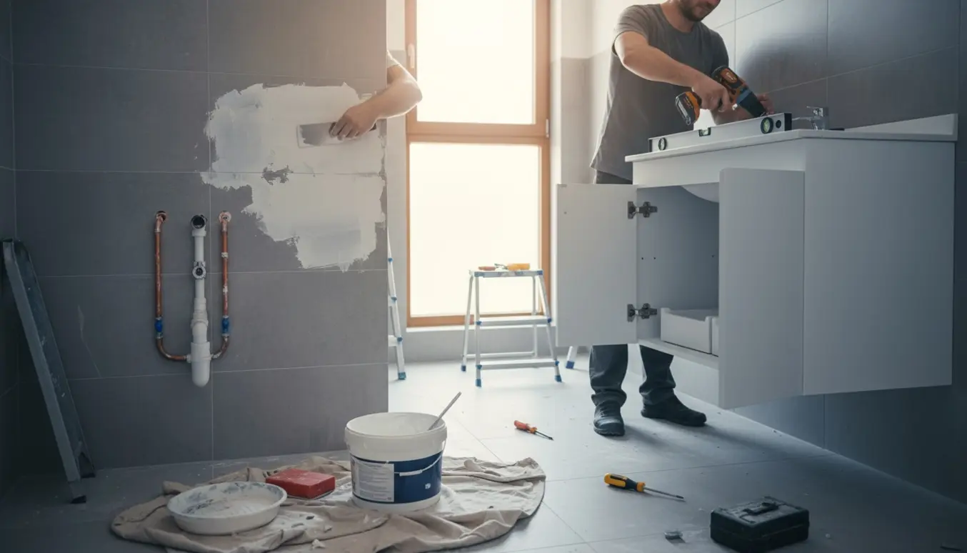 Midt i badeværelsesrenovering: hænder spartler væg og monterer et nyt hvidt 90 x 37 cm badeværelsesmøbel.