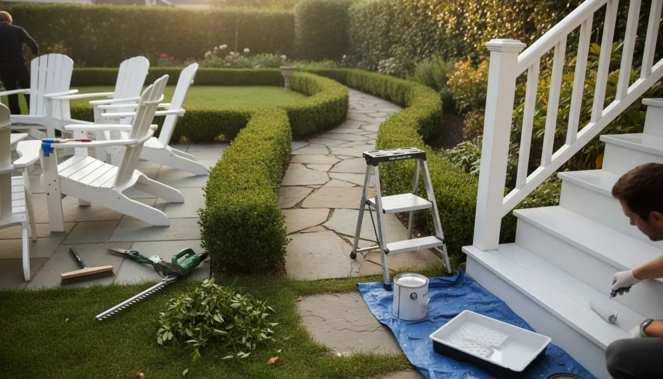 Udendørs scene med hækkeklipning på begge sider, en trappe under maling og fire stole med armlæn under behandling.