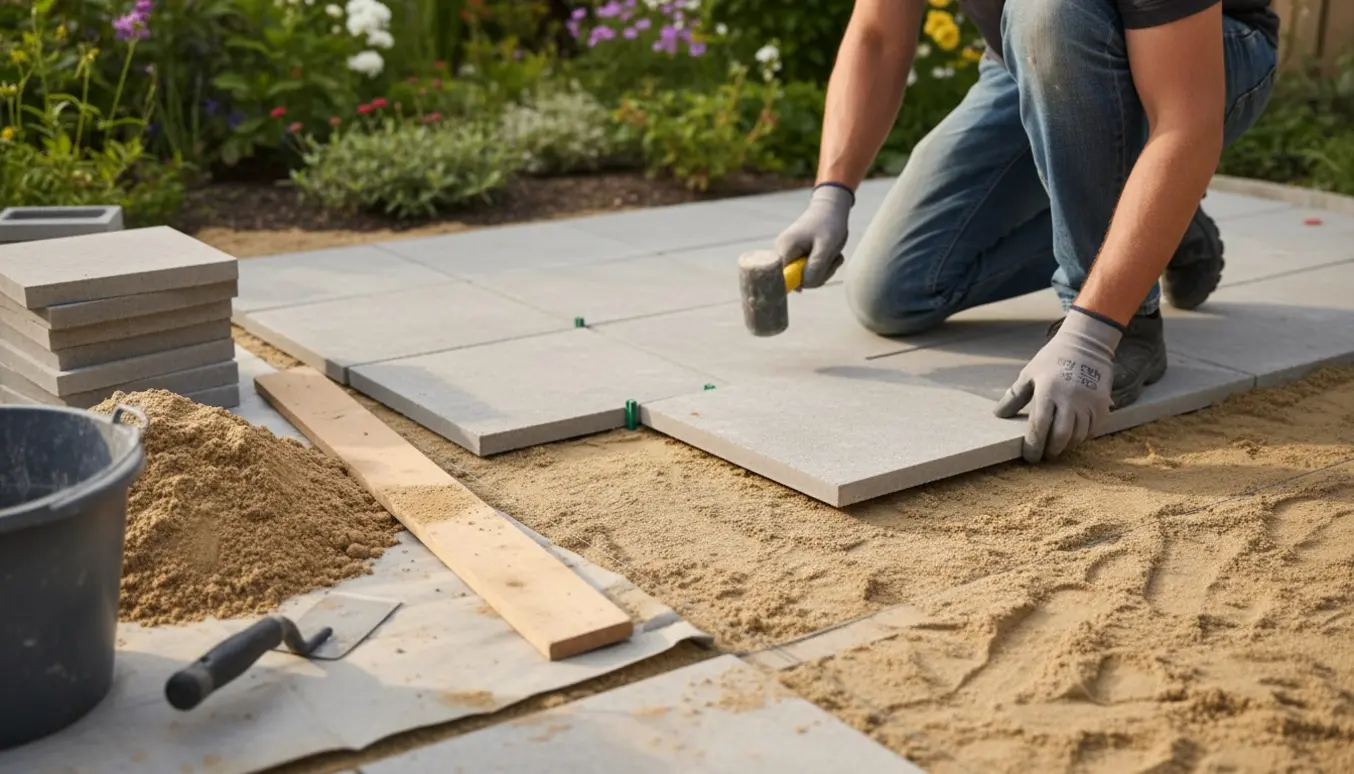 Nærbillede af fliselægning på en forberedt 7 m² terrasse med 40x40x5 cm fliser, sand og afretningsbræt, uden synlige ansigter.