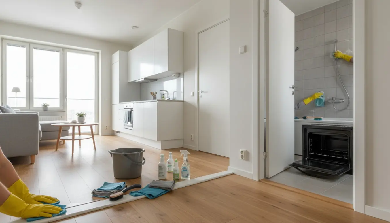 Lyst lille lejlighedsinteriør under hovedrengøring med handsker, spand, klude og åben ovn uden plader.