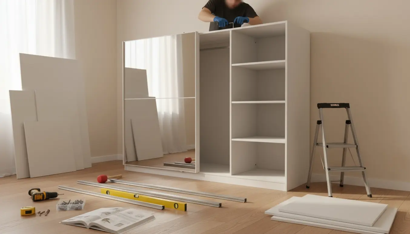 Delvist samlet BONO SZ220 garderobeskab med skydedør og spejl i et lyst værelse, værktøj og hænder arbejder.