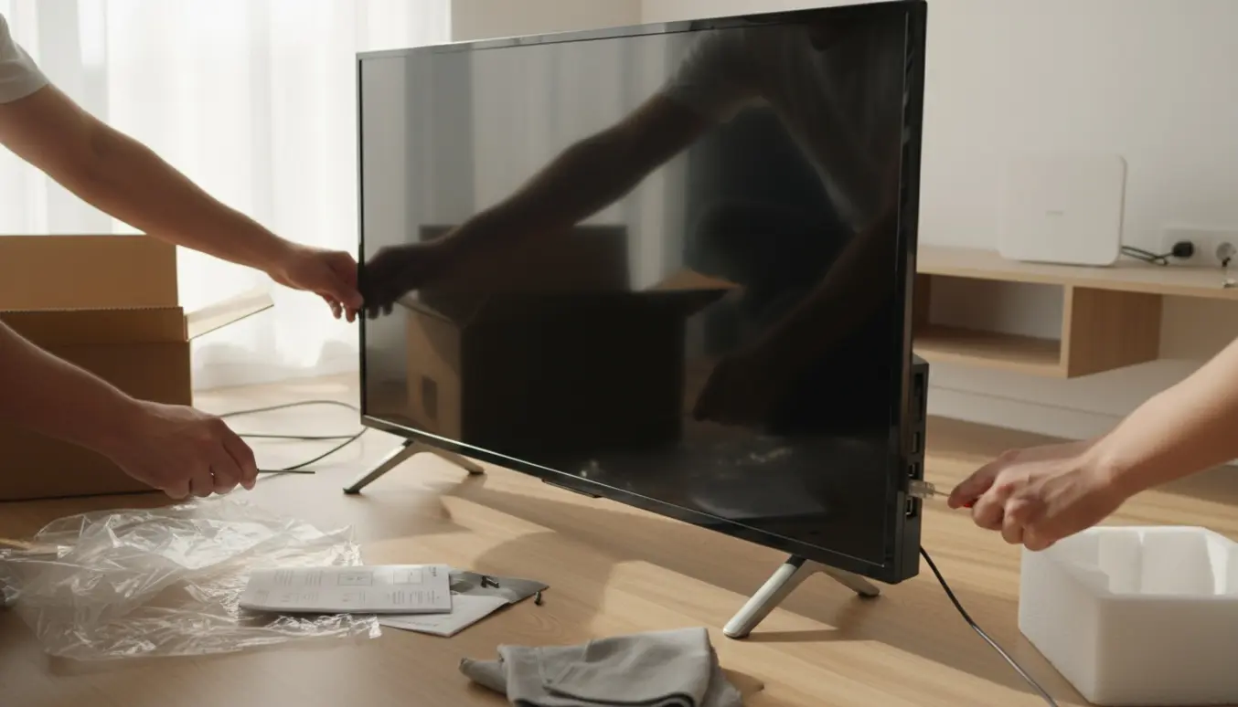 Nyt 43-tommer TV pakkes ud og monteres på fod, mens strøm- og netværkskabler tilsluttes i en lys, moderne stue.