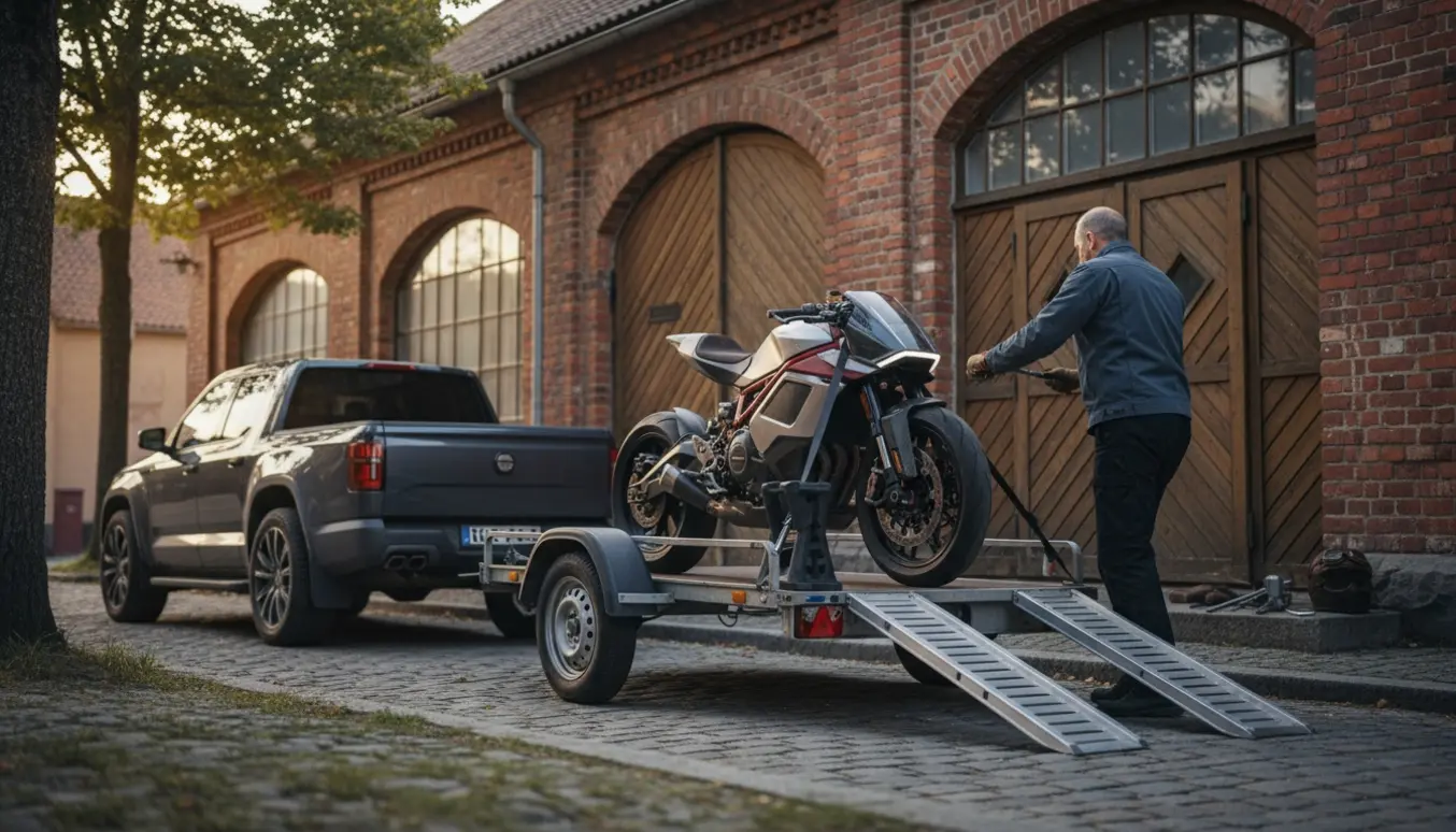 Motorcykel læsses på trailer foran et rødt murstensværksted, tekniker spænder stropper.