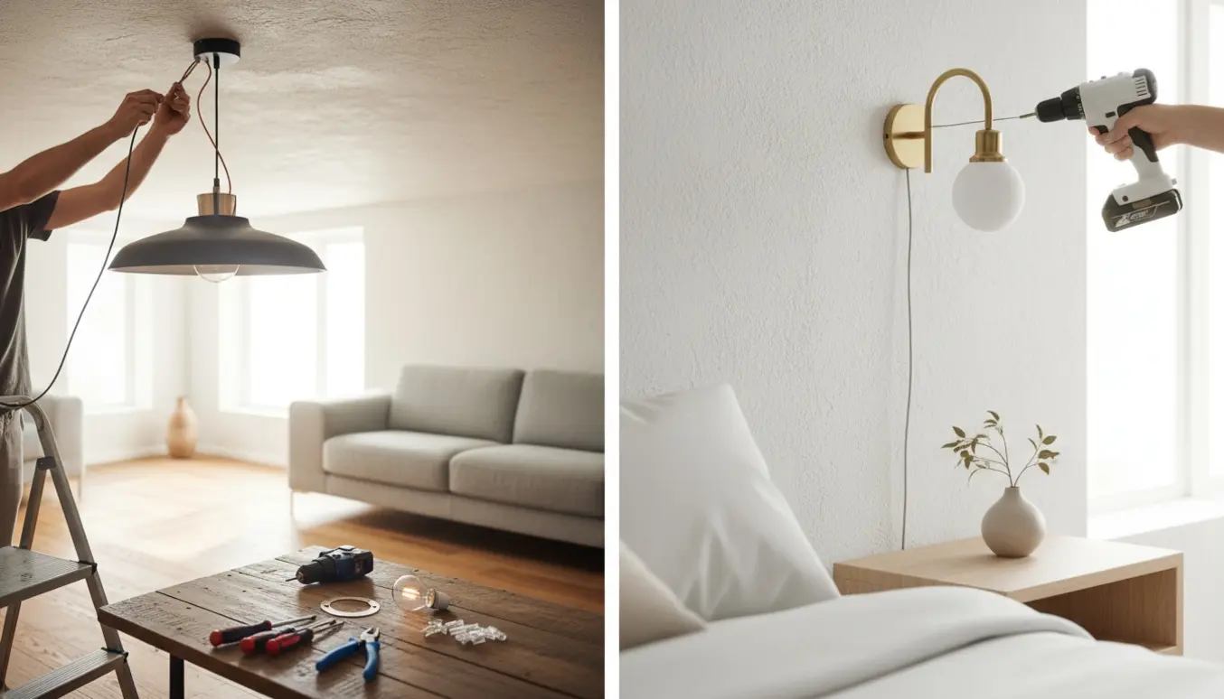 Hænder monterer en loftslampe i stuen og en væglampe i soveværelset.