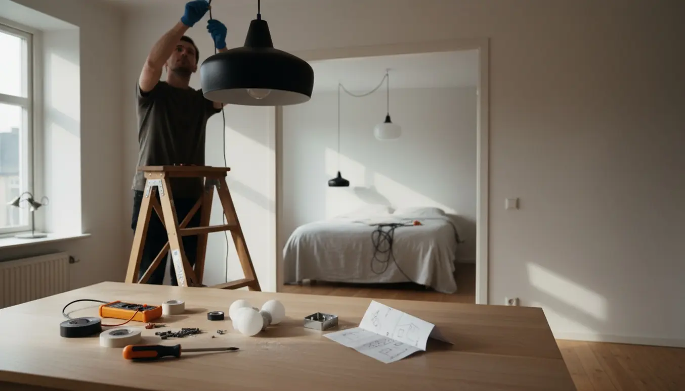 En person monterer en hængelampe over spisebordet, mens en ny lampe ligger klar i soveværelset.