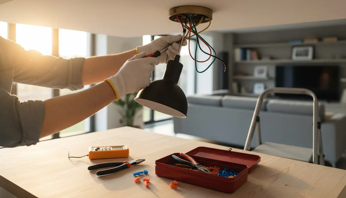 Hænder på en stige udskifter en loftlampe med en ny pendel, værktøj og eksponerede ledninger i et lyst hjem.