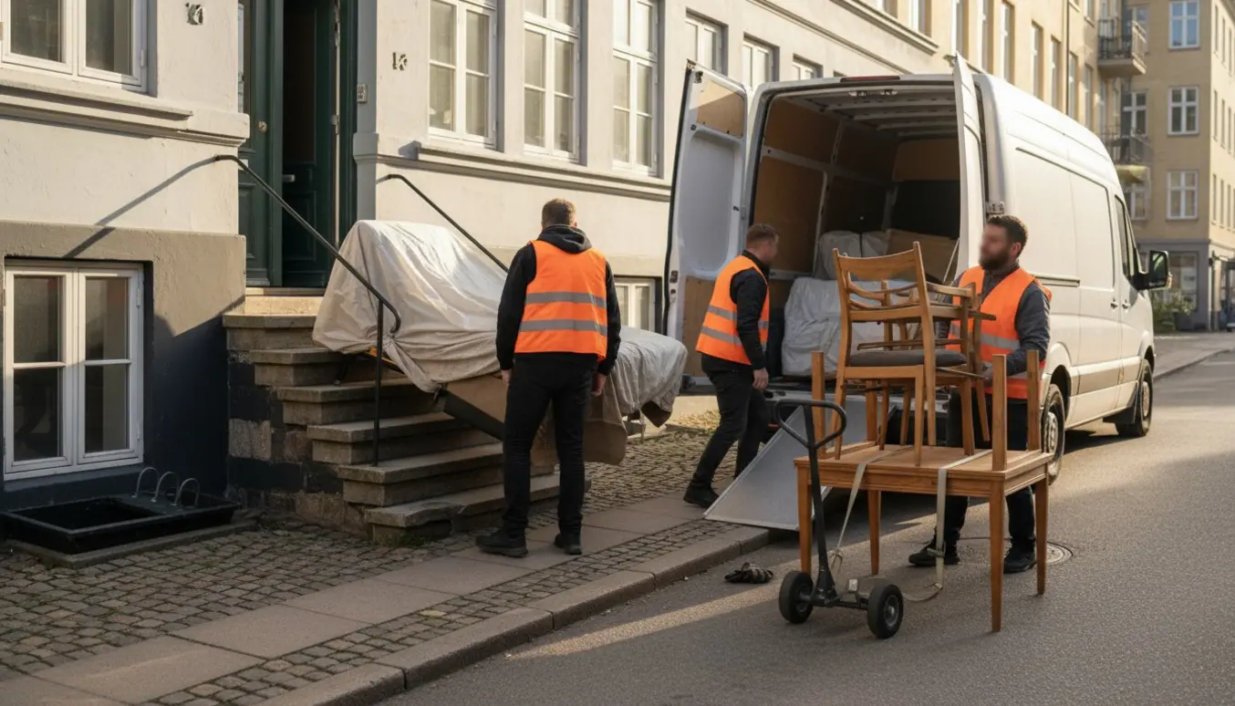 Flyttefolk bærer sovesofa, chaiselong og spisebord ned ad trappe og læsser det i en kassevogn ved fortovet.
