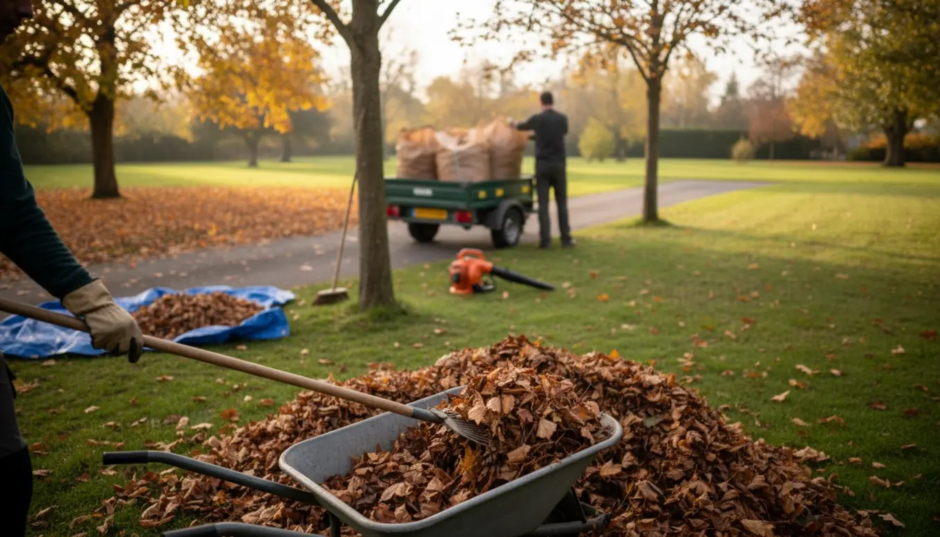 Stor have i efteråret hvor blade samles i sække og læsses til bortkørsel.