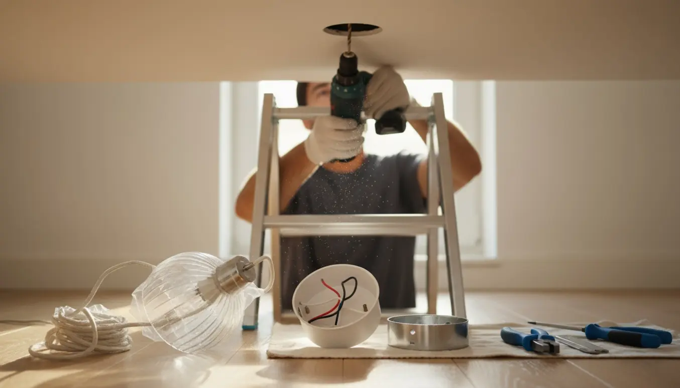 Hænder, der med en boremaskine laver hul i loftet for at montere en loftlampe.