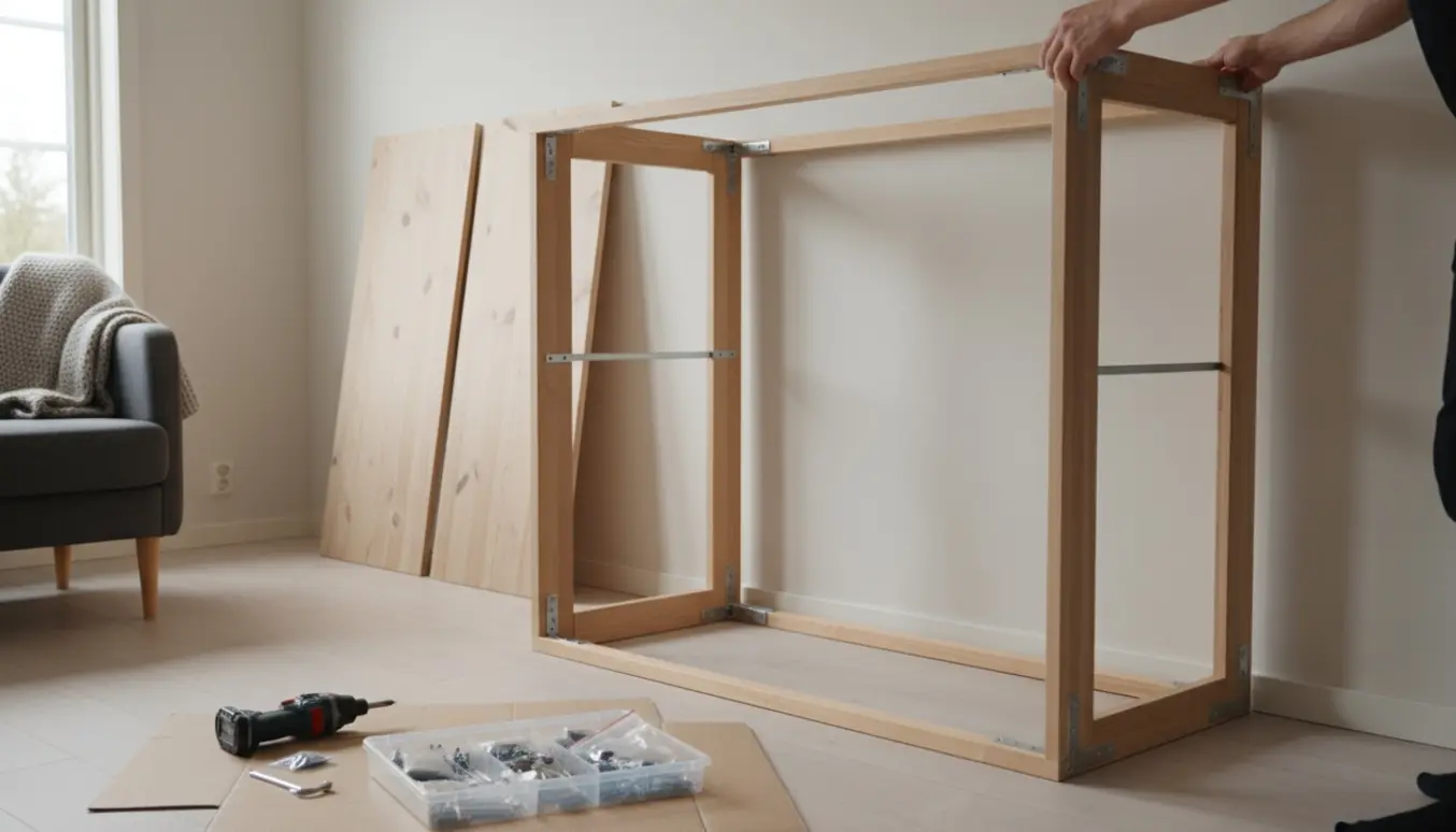 Delvist samlet tøjskab med plader, værktøj og hænder i et lyst stuemiljø.