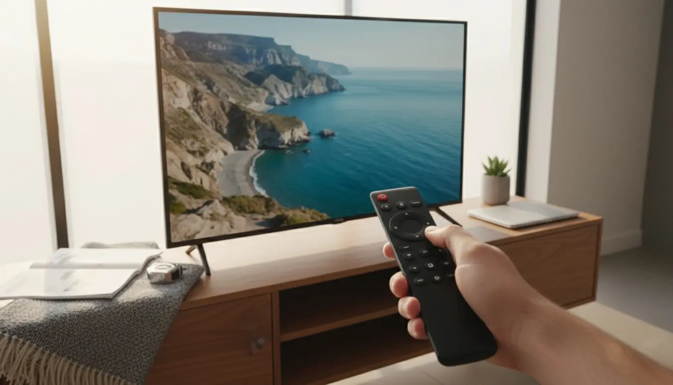 Hænder justerer fjernbetjeningen foran et 32-tommer TV med et forstørret, beskåret billede på skærmen i en lys stue.