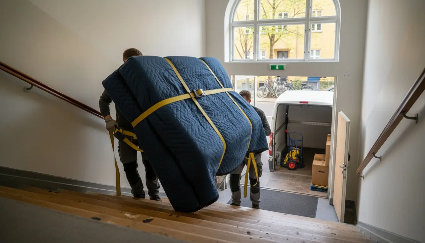 Flyttefolk bærer en sovesofa ned ad en opgang mod en varevogn på en Østerbro-gade.