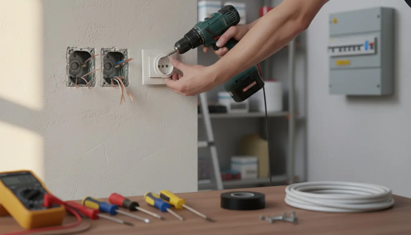 Nærbillede af hænder, der installerer en udløbsroset og monterer en kontakt med værktøj og ledninger ved siden af.