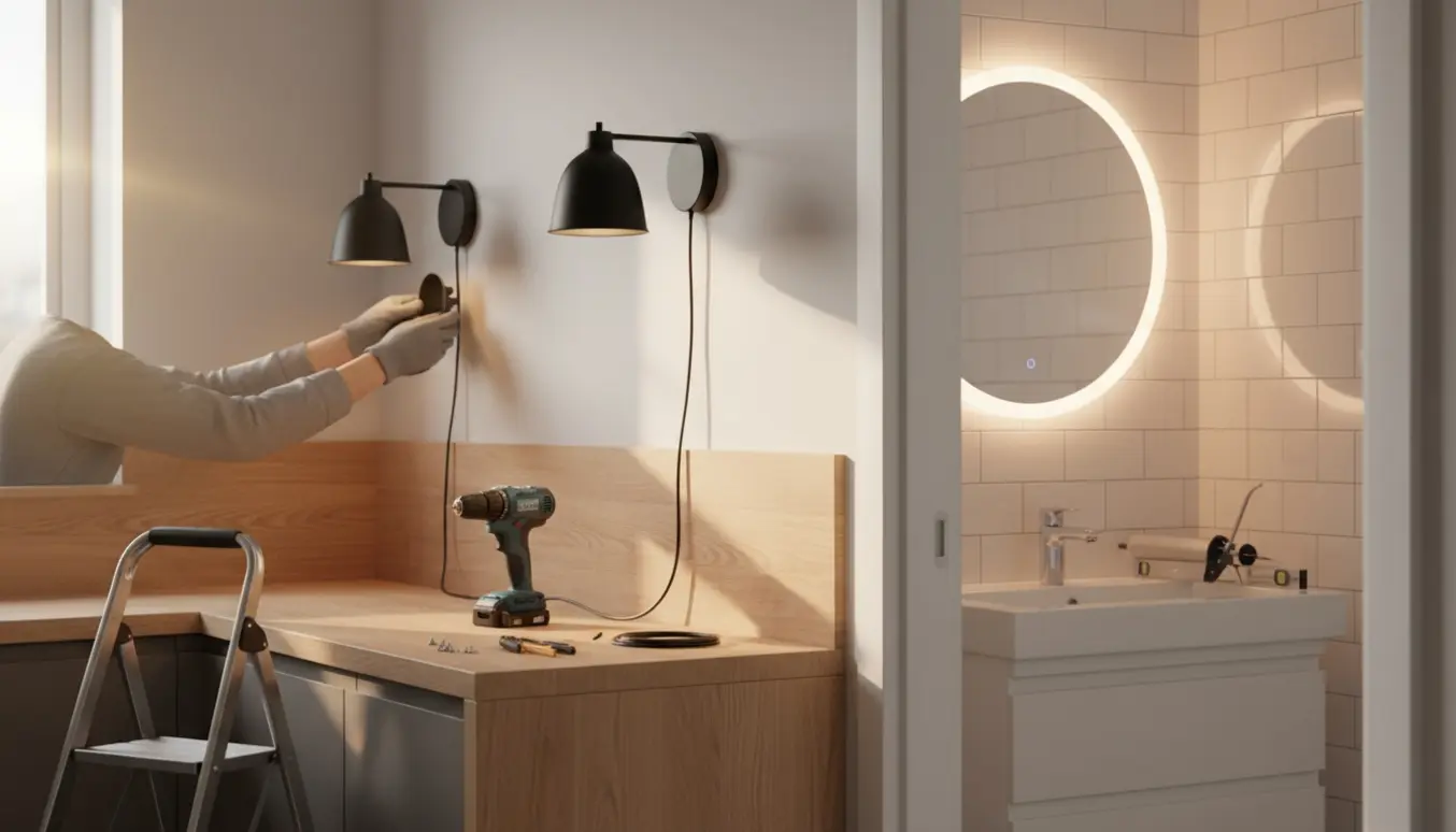 Installatørs hænder monterer to væglamper i et køkken, mens et LED-oplyst spejl ses i badeværelset gennem en åben dør.