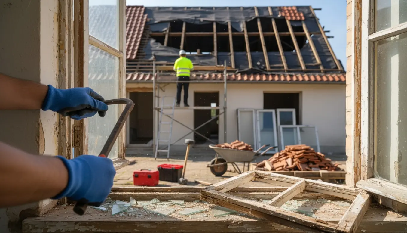 Hus under renovering med delvist fjernet tag og fjernede vinduesrammer, håndværker set bagfra.
