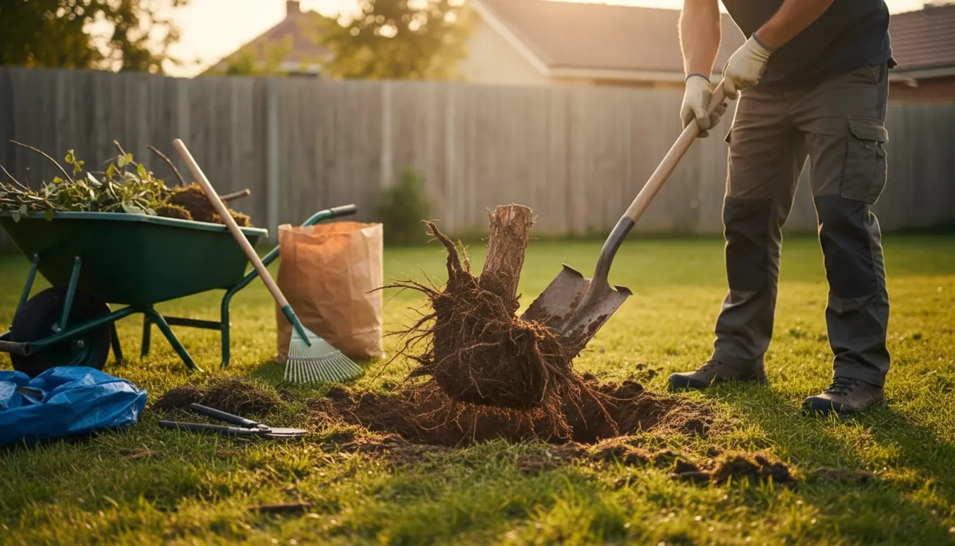 Nærbillede af havearbejde med en person, der graver en lille træstub op, trillebør og værktøj i baggrunden.