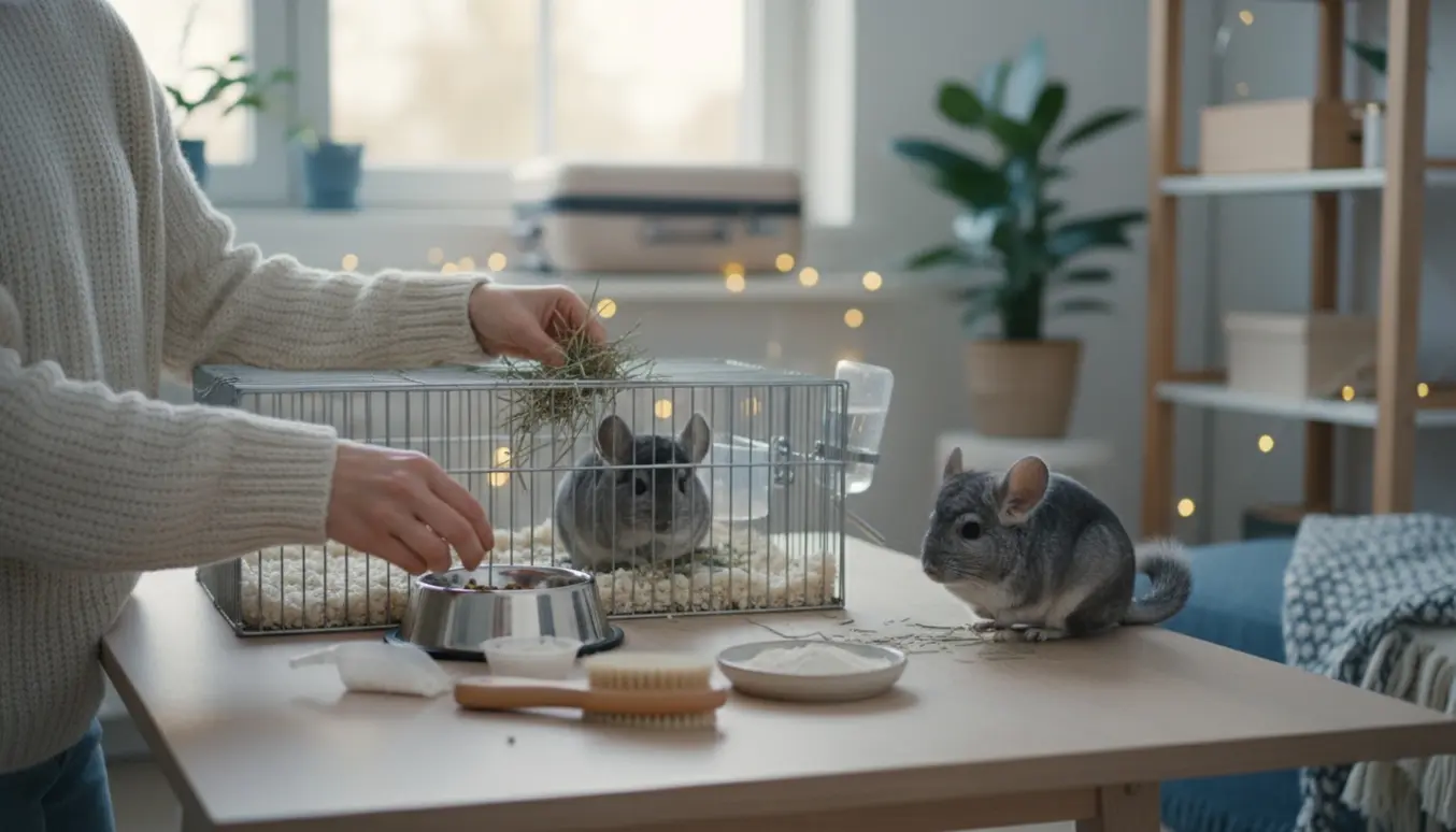 To chinchillaer i en skandinavisk stue mens hænder fylder madskål og renser buret.