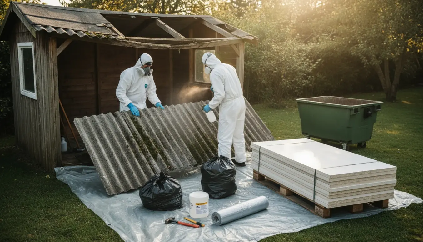 Arbejdere i beskyttelsesdragter pakker og bortskaffer eternitplader fra et skur, mens ikke-eternit loftplader ligger stablet ved siden af.