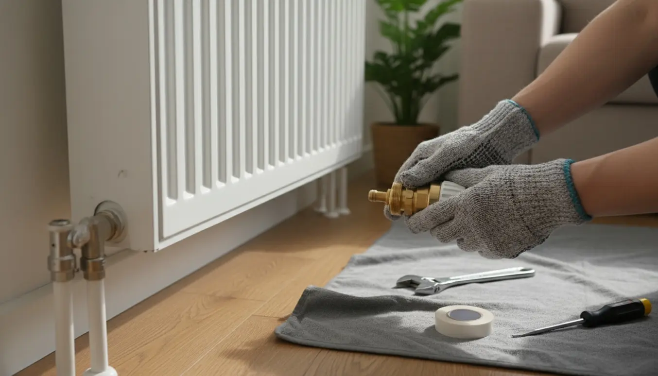 Hænder monterer en ny termostat på en radiator med værktøj og afdækningsklud i et lyst hjem.