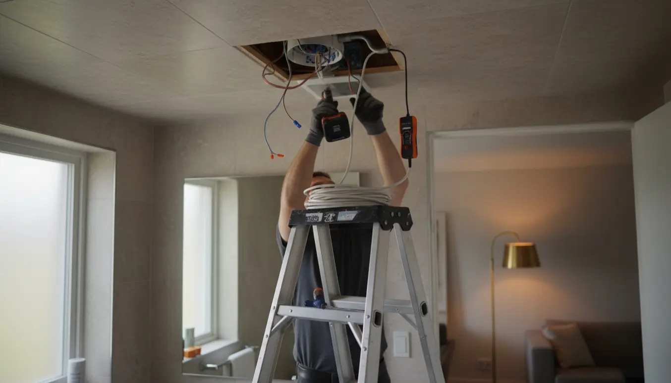 Nærbillede af montørhænder, der installerer en badeværelsesventilator i loftet med værktøj og en blinkende lampe i stuen i baggrunden.