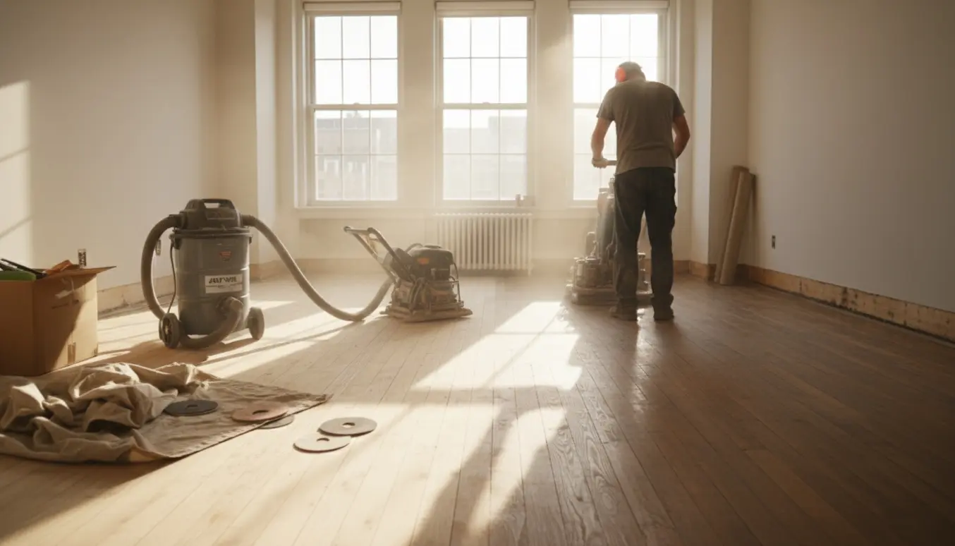 En sliber arbejder i en lys lejlighed og fjerner gammel lak fra trægulvet, så forskellen mellem slebet og gammel overflade tydeligt ses.