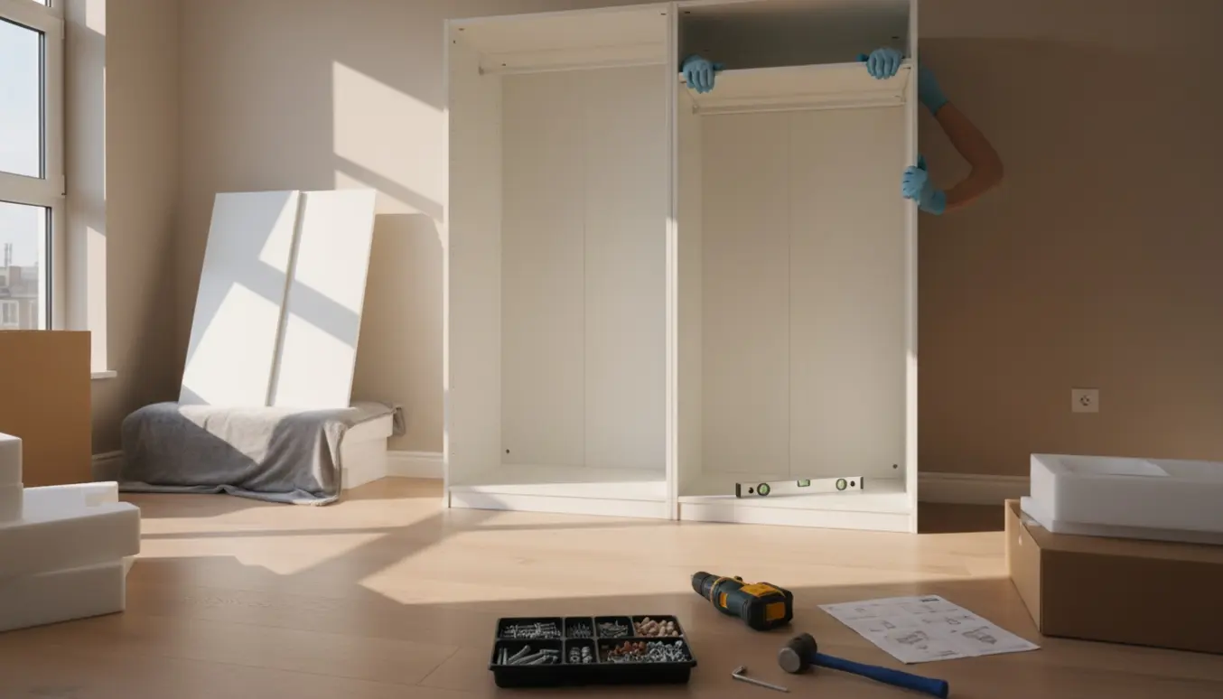 Nærbillede af forsigtig opbygning af et PAX-garderobeskab med paneler, værktøj og hænder uden synlige ansigter.