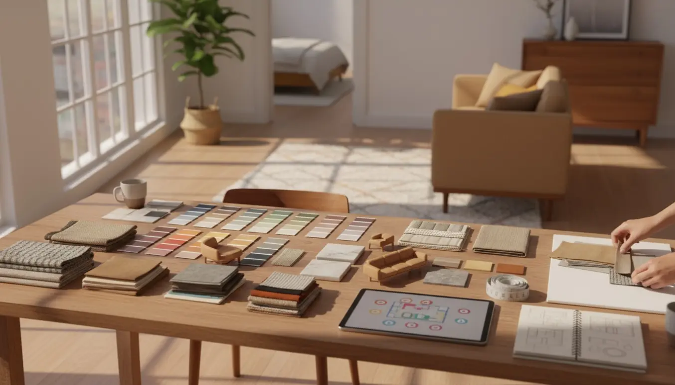 Designbord med farveprøver, stofprøver og miniaturemøbler i en solfyldt lejlighed, hænder arrangerer en moodboard.