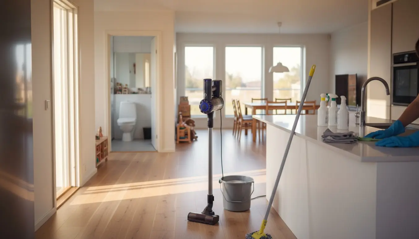 Soloplyst hjem midt i rengøring med støvsuger, moppe, spand og rengøringsflasker og et skinnende badeværelse i baggrunden.