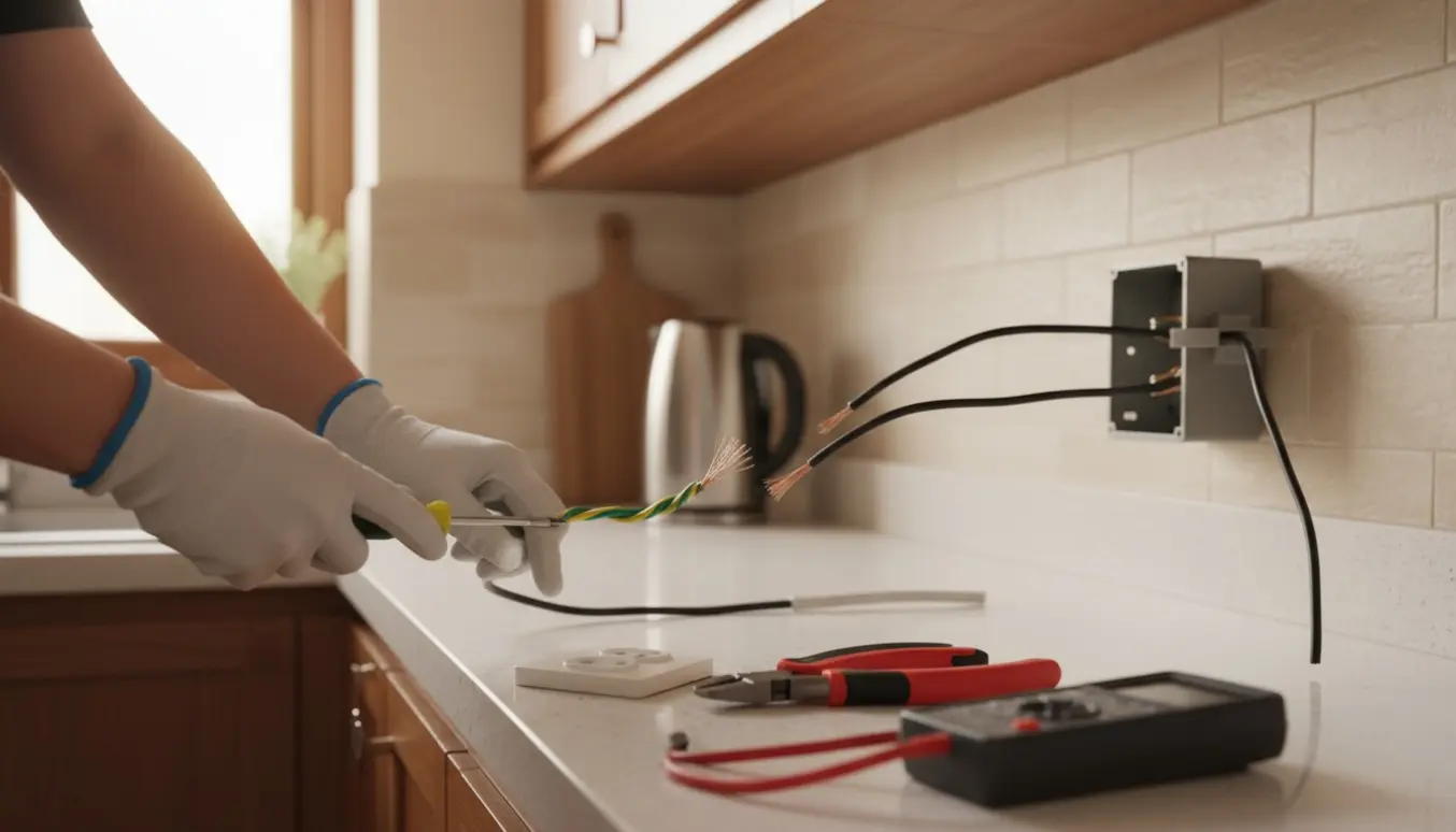 Nærbillede af hænder, der monterer et jordet vægstik i et køkken med synlig grøn-gul jordledning.