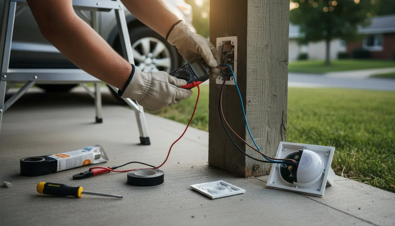 Elektriker undersøger åben el-kontakt i en carport med multimeter og værktøj.