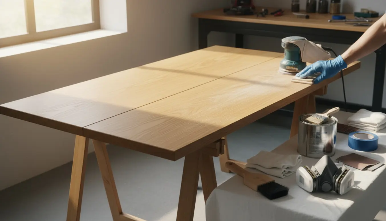 En træbordplade på bukke, halvt slebet med en slibemaskine og en åben lakdåse ved siden af.