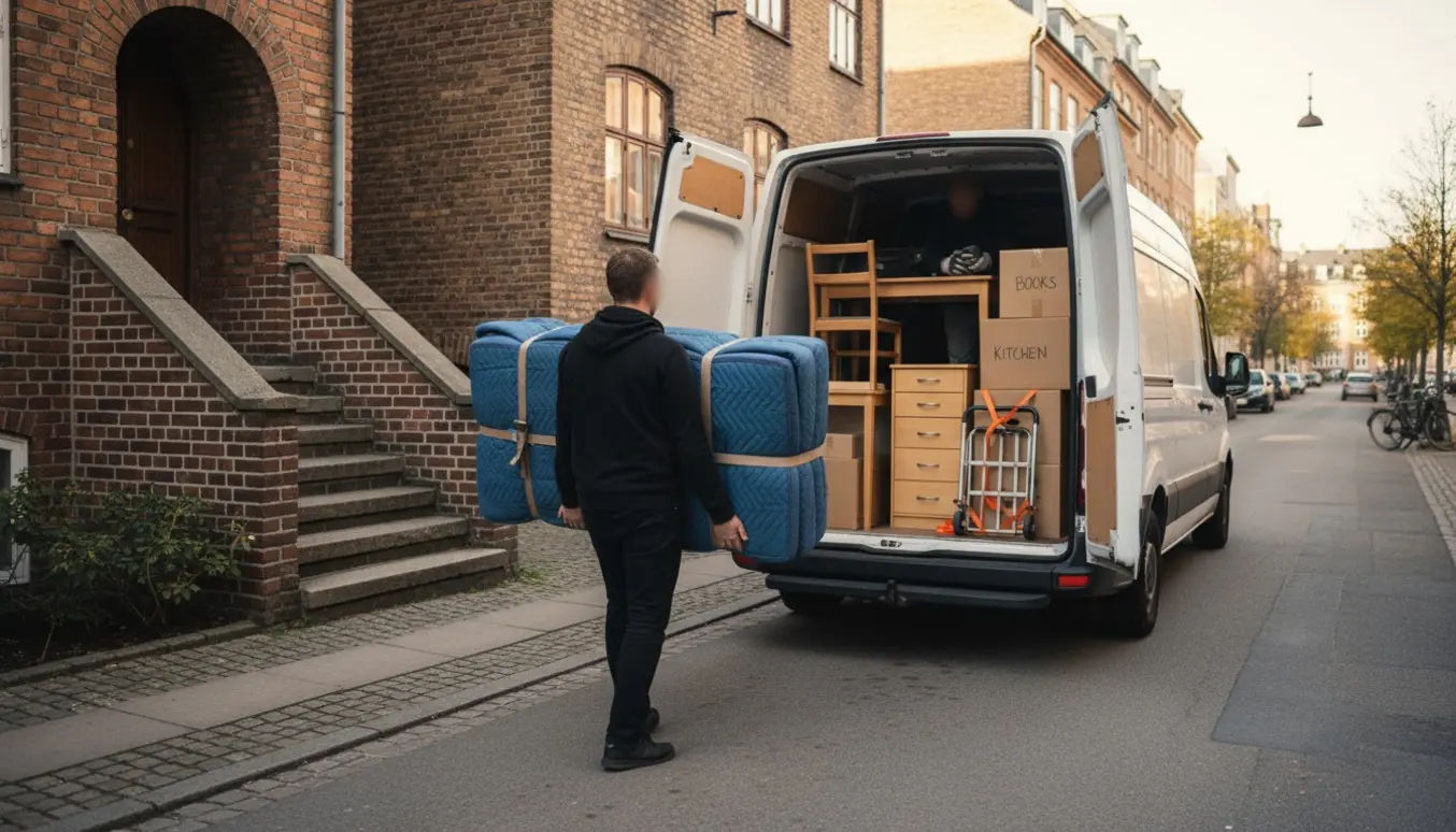 To flyttemænd læsser en tung IKEA-seng og møbler ind i en varevogn foran en lejlighed med flyttekasser.