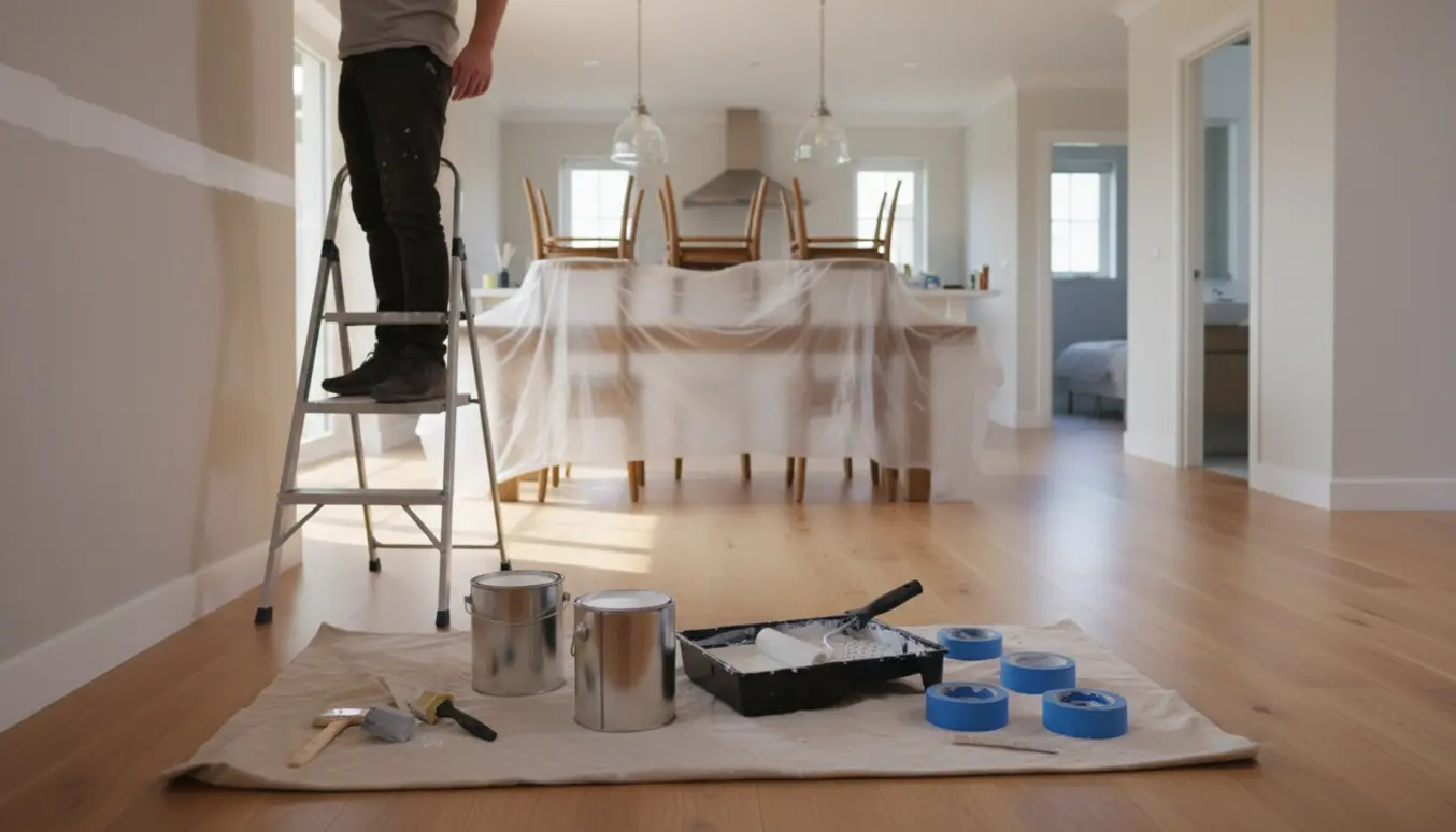 Køkkenalrum under maling med malerbøtter, ruller, blåt malertape og skarpe hvide kanter.