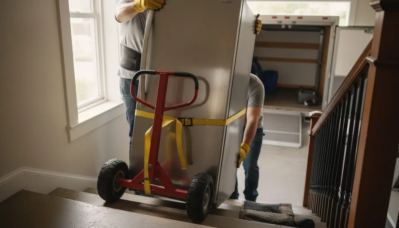 To personer bærer et kølefryseskab forsigtigt ned ad en trappe med trillebår og sikkerhedsremme.