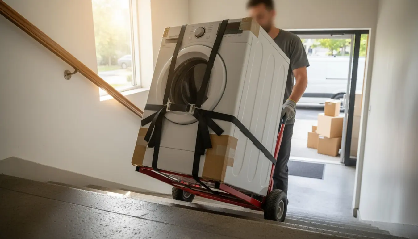 Vaskemaskine flyttes op ad en boligtrappe med dolly og flytteremme, uden synlige ansigter.