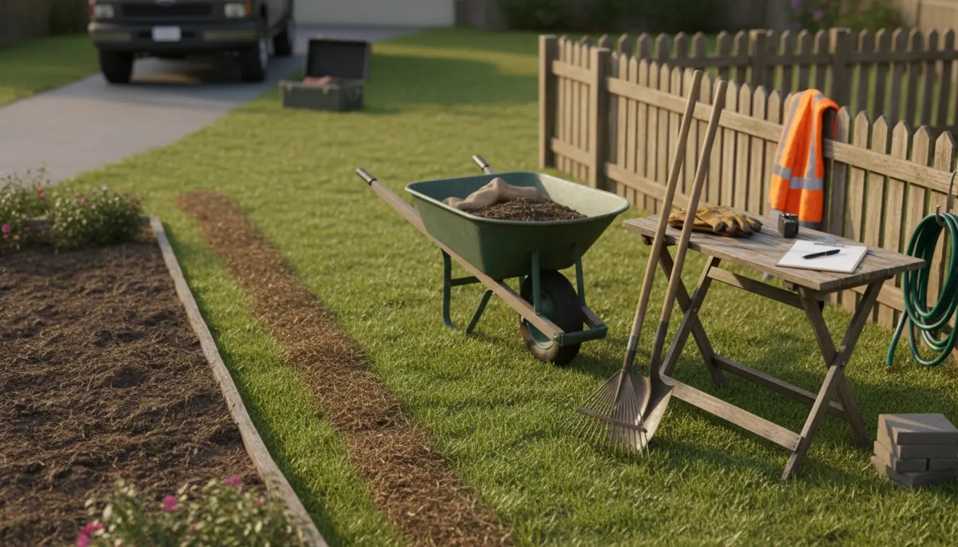Haveværktøj og handsker ligger efterladt i en pause i havearbejde i en baghave.