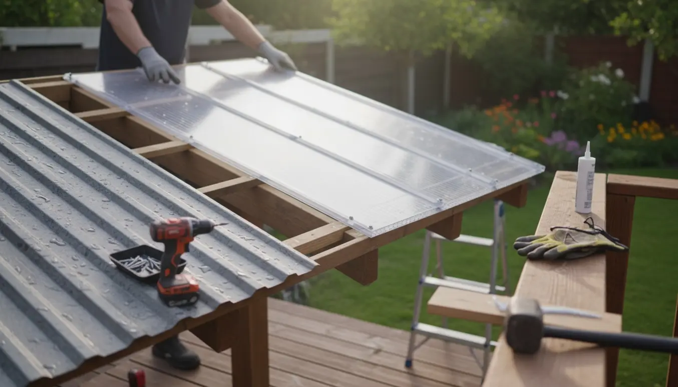 En terrasse under renovering med gamle trapezplader delvist fjernet og en ny dobbeltlags polycarbonatplade ved at blive monteret.