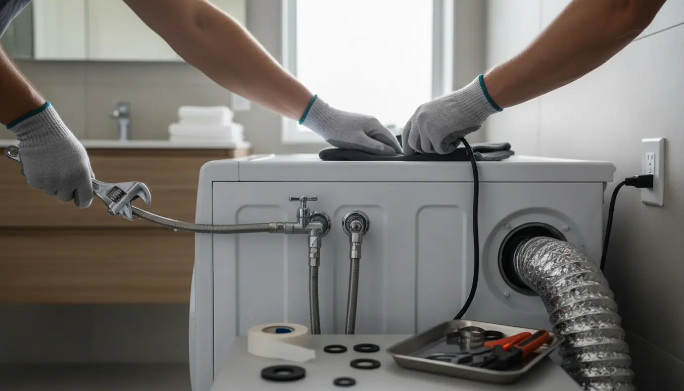 Nærbillede af hænder, der tilslutter vandslanger og aftræk til vaskemaskine og tørretumbler i et lyst badeværelse.