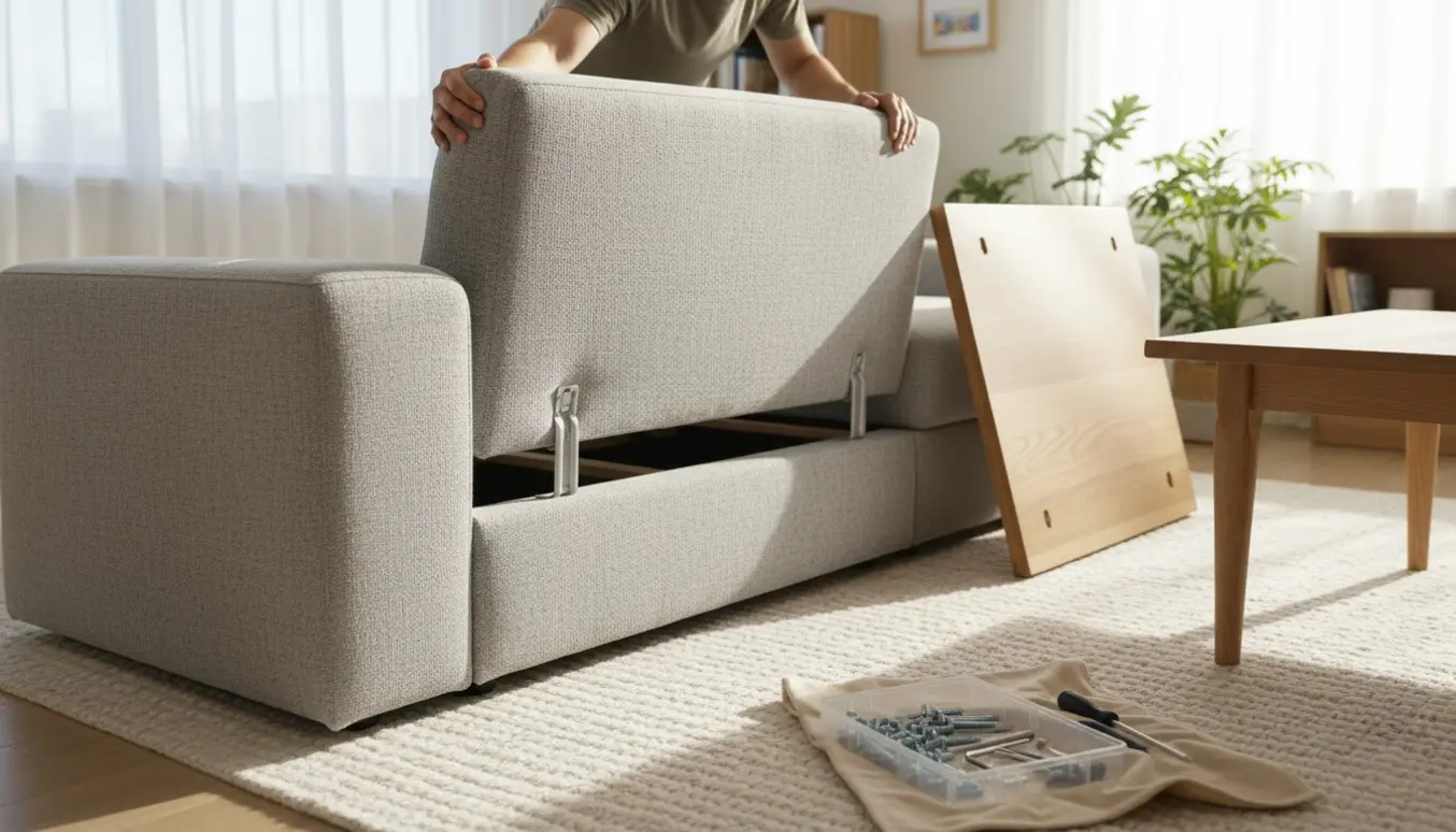 Delvist samlet 2–3 personers sofa, hvor ryggen klikkes på plads, og et sofabord er ved at blive samlet med værktøj på gulvet.