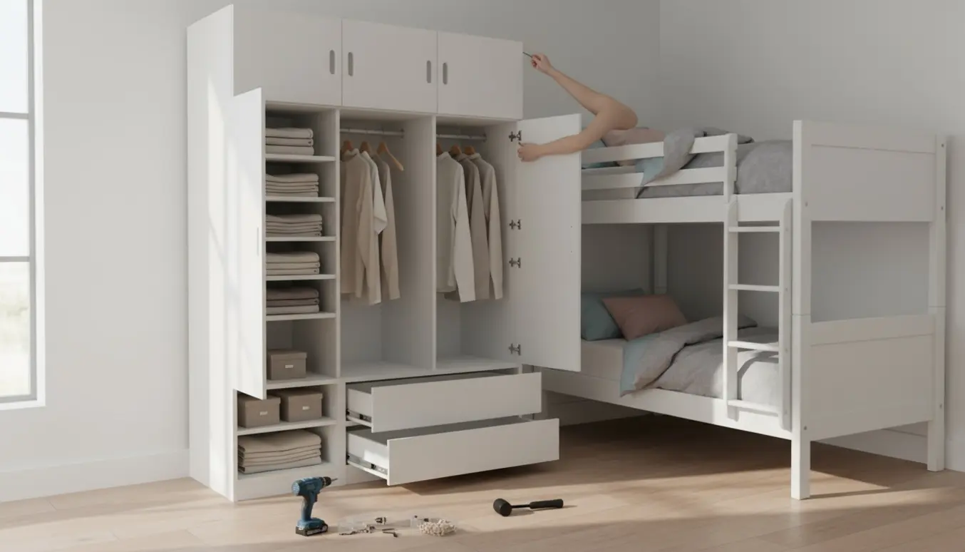 Hvidt melaminklædeskab med fire låger og en matchende køjeseng i et lyst nordisk soveværelse.