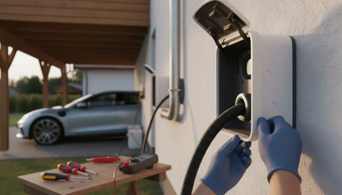Installatør forbinder ladestander til husvæg med kabel fra carport, fokus på hænder og værktøj.