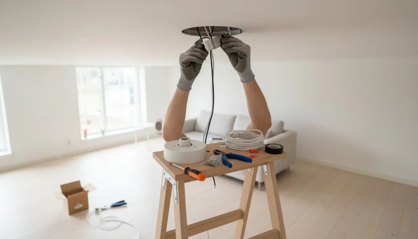 Hænder monterer nyt lampeudtag i loftet fra en stige med værktøj og materialer klar.