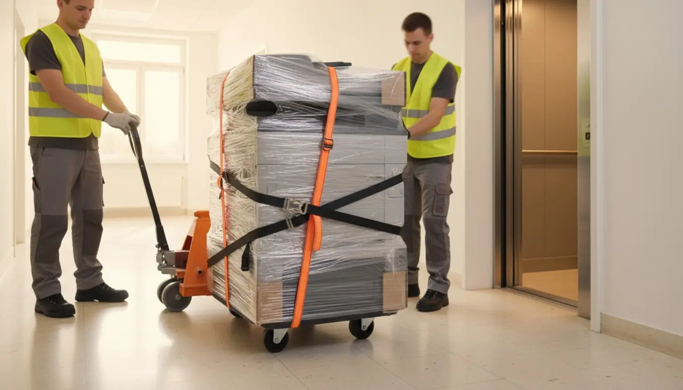 Stor industriel kopimaskine på flyttedolly bliver læsset ind i elevator af arbejdere med handsker og sikkerhedssko.