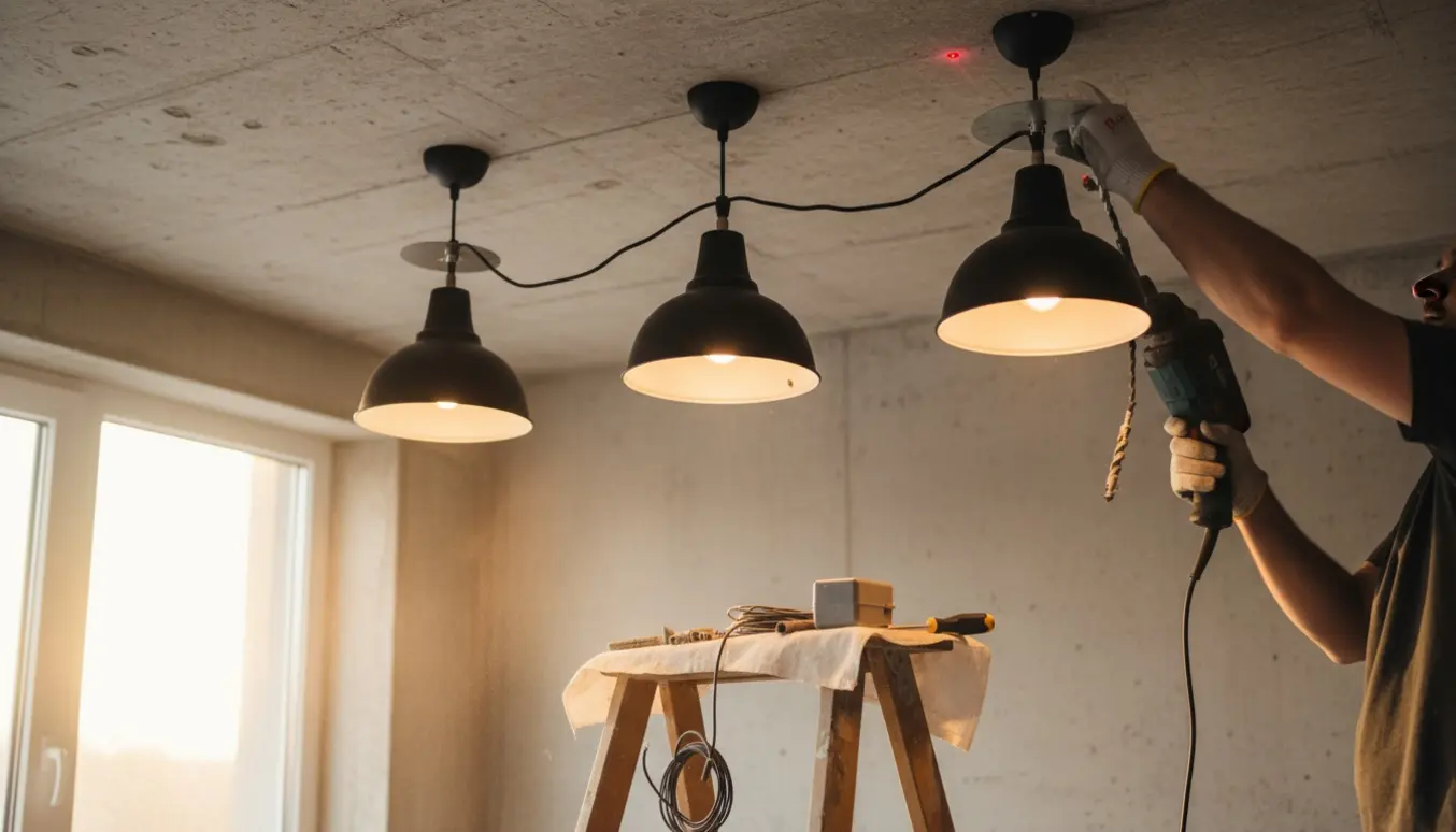 Hænder monterer en lampe i et betonloft med boremaskine, plugs og tre færdige lamper i baggrunden.
