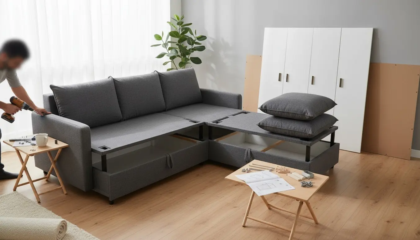 Delvist samlet hjørnesovesofa med åben opbevaring og et 3-dørs garderobeskab fra IKEA under samling, hænder med værktøj i et lyst hjem.