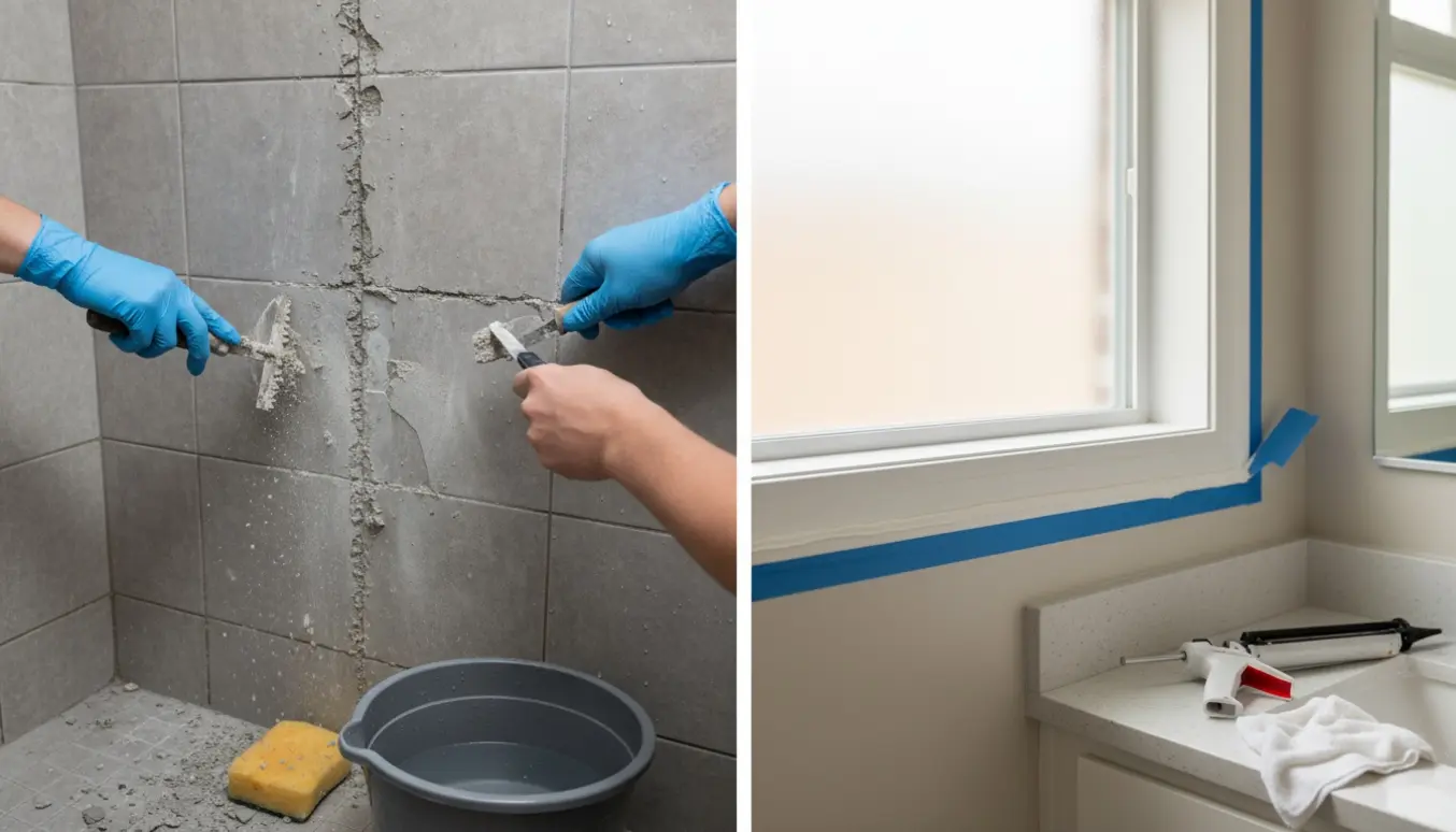 To badeværelser under fugearbejde med værktøj, krakeleret grå fuge i bruseområde og nylagt hvid fuge mellem væg og loft.