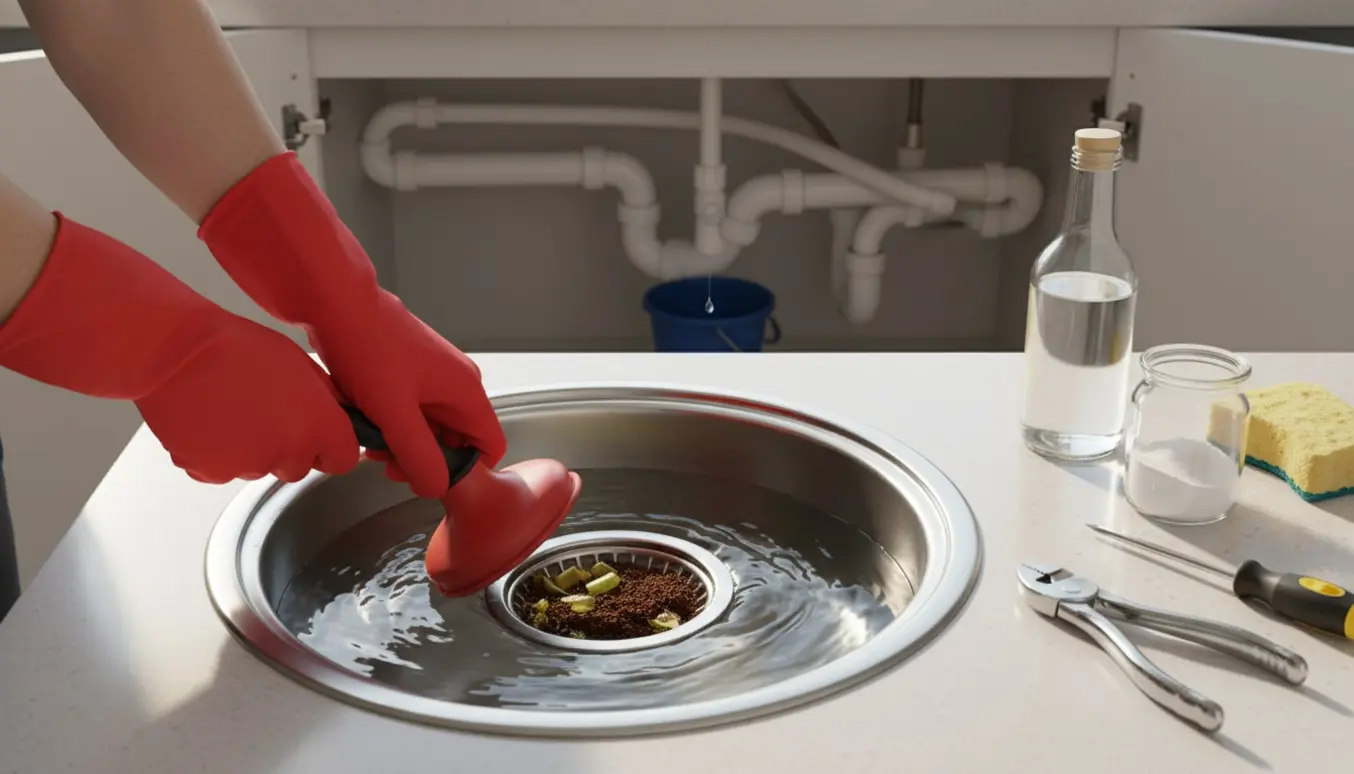 Rustfri køkkensink med stillestående vand og en rødfarvet gummiplunger holdt af en handske‑klædt hånd.