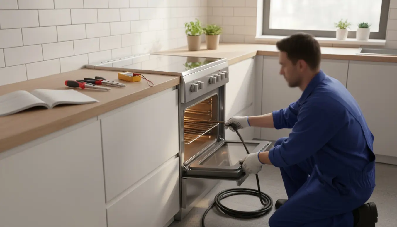 Installatør installerer et elektrisk komfur i et moderne køkken, set fra siden.